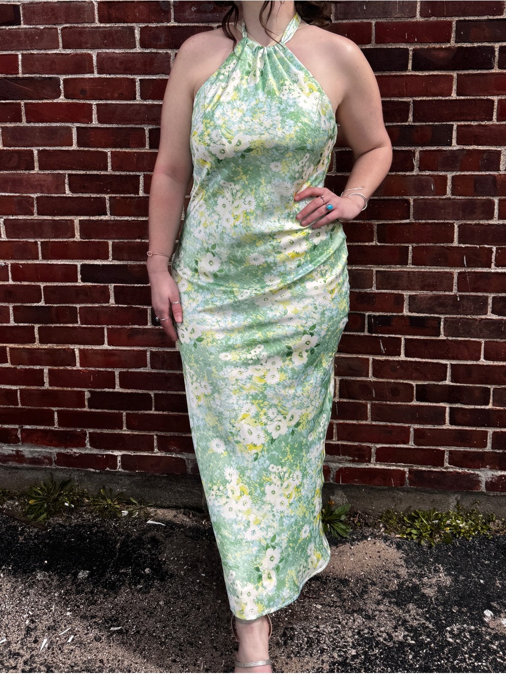 Size Large Lulus Green Halter Neck Backless Floral Midi Dress with Leg Slit